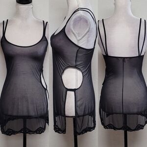 Sexy Y2K Vintage Victoria's Secret Black Sheer Mesh Lace Trim Cut-out Slip Dress